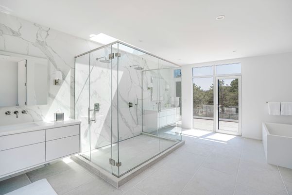 Bathroom, Glass Shower, Interior, Marble Walls, Recessed Lighting