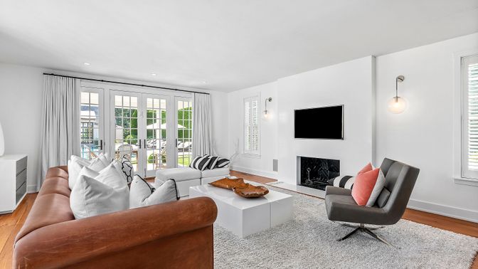 Fireplace, Interior, Living room, Recessed Lighting, Wood Texture Flooring