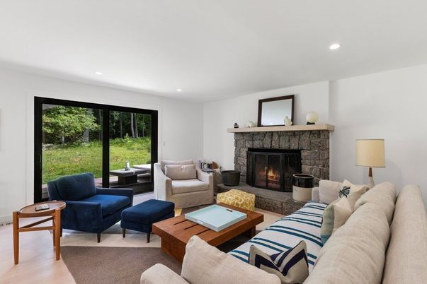 Fireplace, Interior, Living room, Recessed Lighting, Wood Texture Flooring