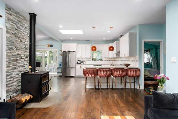 Interior, Kitchen, Recessed Lighting, Stainless Steel Appliances, Stone Walls, Wood Texture Flooring