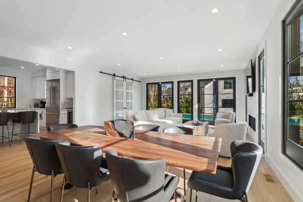 Dining room, Interior, Kitchen, Living room, Recessed Lighting, Wood Texture Flooring
