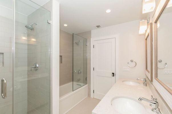 Bathroom, Dual Sink Vanities, Glass Shower, Interior, Recessed Lighting