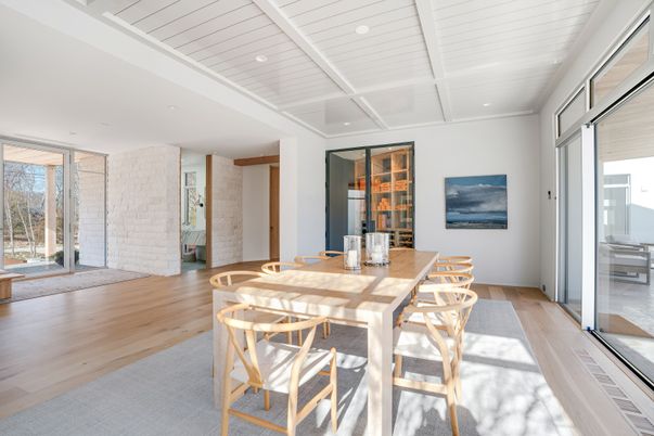 Dining room, Interior, Recessed Lighting, Wood Texture Flooring