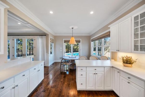 Dining room, Interior, Pendant Lights, Recessed Lighting, Wood Texture Flooring