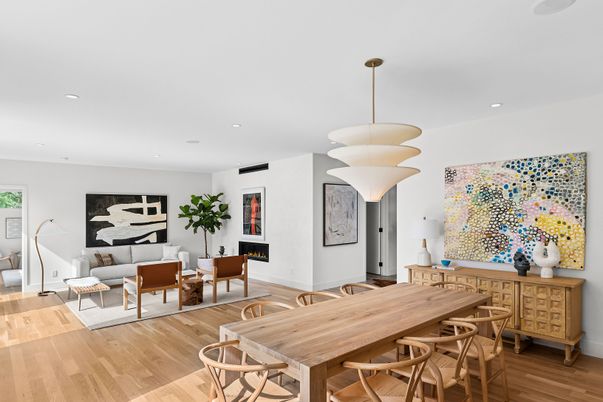 Dining room, Interior, Living room, Pendant Lights, Recessed Lighting, Wood Texture Flooring