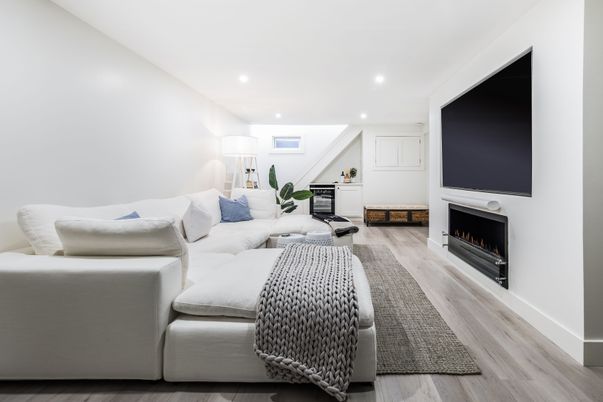 Fireplace, Interior, Living room, Recessed Lighting, Wood Texture Flooring