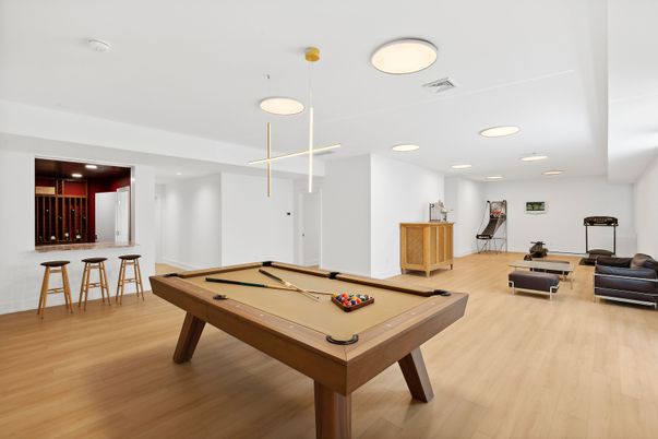 Billiard Table, Game Room, Interior, Pendant Lights, Recessed Lighting, Wood Texture Flooring