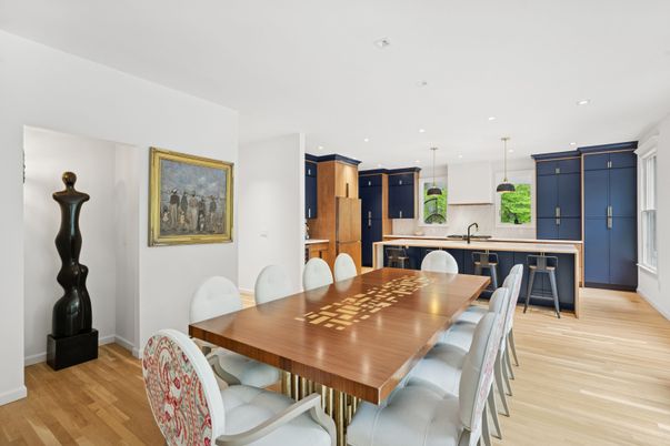 Dining room, Interior, Kitchen, Pendant Lights, Recessed Lighting, Wood Texture Flooring