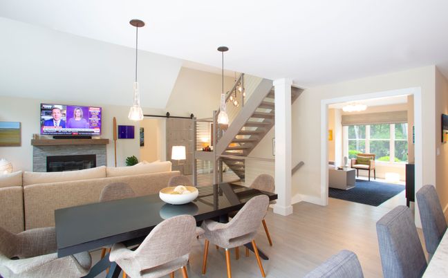 Dining room, Fireplace, Interior, Living room, Pendant Lights, Wood Texture Flooring