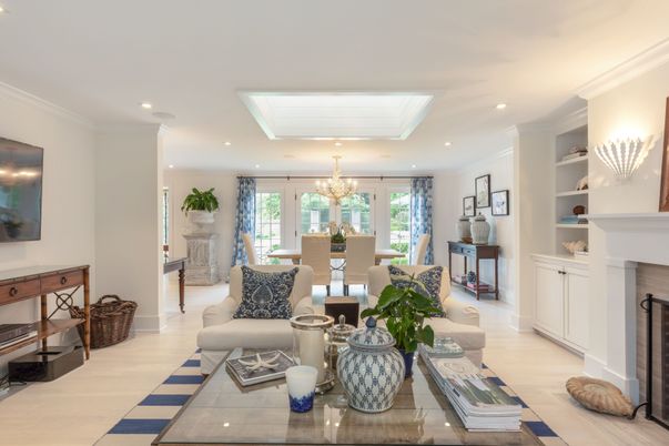 Chandelier, Dining room, Fireplace, Interior, Living room, Recessed Lighting, Wood Texture Flooring