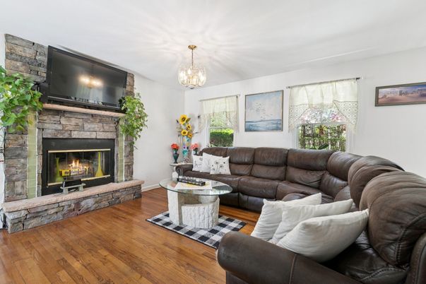 Fireplace, Interior, Living room, Pendant Lights, Wood Texture Flooring