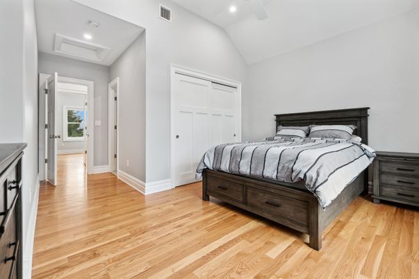 Bedroom, Interior, Recessed Lighting, Wood Texture Flooring