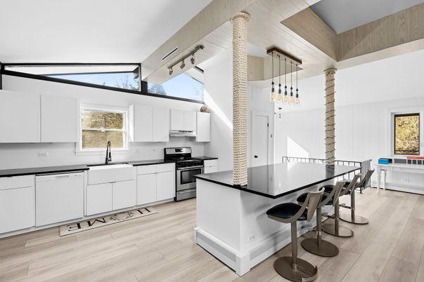 Dining room, Interior, Kitchen, Pendant Lights, Stainless Steel Appliances, Wood Texture Flooring