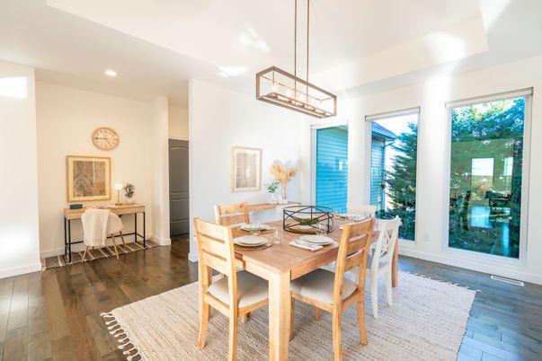 Dining room, Interior, Pendant Lights, Recessed Lighting, Wood Texture Flooring