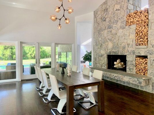 Dining room, Fireplace, Interior, Pendant Lights, Stone Walls, Wood Texture Flooring