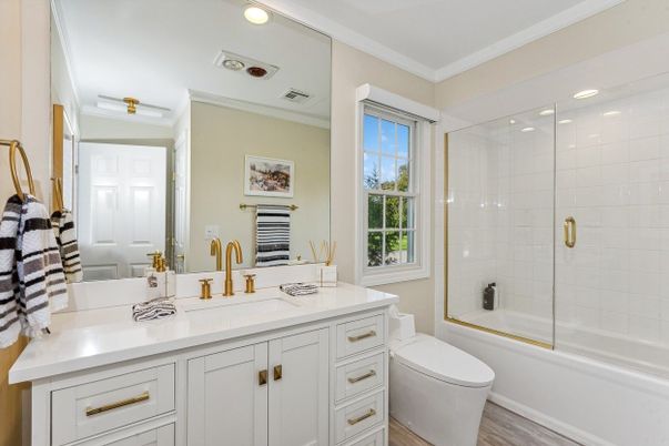 Bathroom, Glass Shower, Interior, Recessed Lighting, Wood Texture Flooring