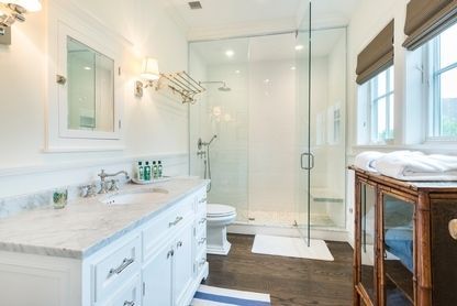 Bathroom, Glass Shower, Interior, Recessed Lighting, Wood Texture Flooring