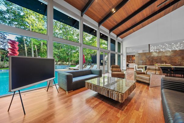 Dining room, Interior, Living room, Pendant Lights, Recessed Lighting, Wooden Beams, Wooden Ceilings, Wood Texture Flooring