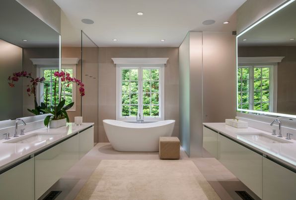 Bathroom, Dual Sink Vanities, Free Standing Baths, Glass Shower, Interior, Recessed Lighting