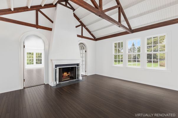 Empty room, Fireplace, Interior, Wooden Beams, Wood Texture Flooring