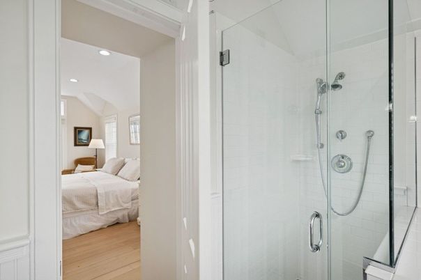 Bathroom, Bedroom, Glass Shower, Interior, Recessed Lighting, Wood Texture Flooring