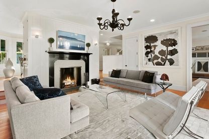 Chandelier, Fireplace, Interior, Living room, Recessed Lighting, Wood Texture Flooring