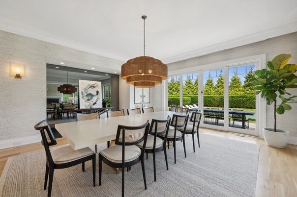 Chandelier, Dining room, Interior, Recessed Lighting, Wood Texture Flooring