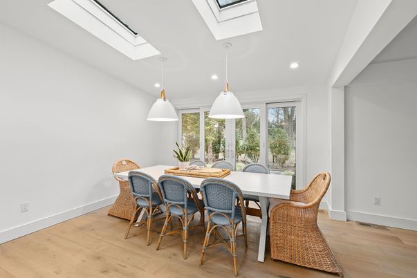 Dining room, Interior, Pendant Lights, Recessed Lighting, Wood Texture Flooring