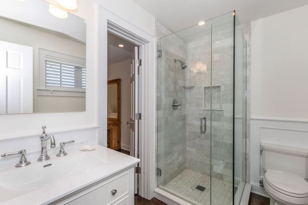 Bathroom, Glass Shower, Interior, Recessed Lighting, Wood Texture Flooring