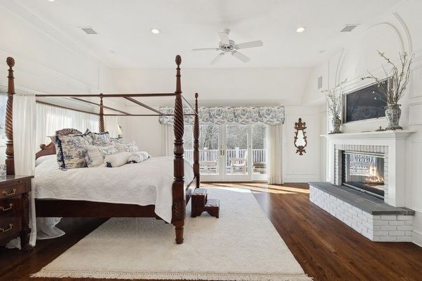 Bedroom, Fireplace, Interior, Recessed Lighting, Wood Texture Flooring