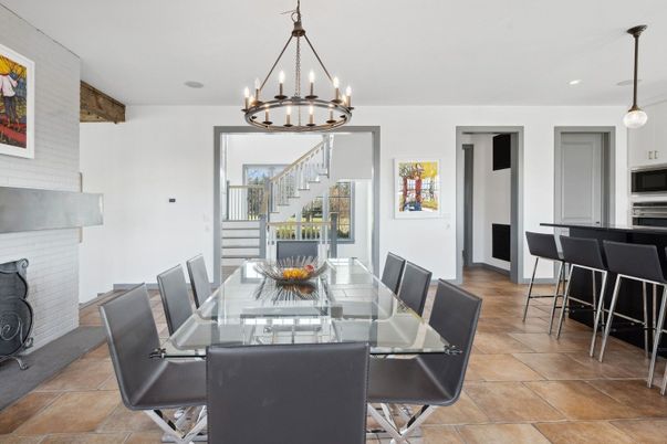 Chandelier, Dining room, Fireplace, Interior, Kitchen, Pendant Lights, Recessed Lighting, Stone Walls