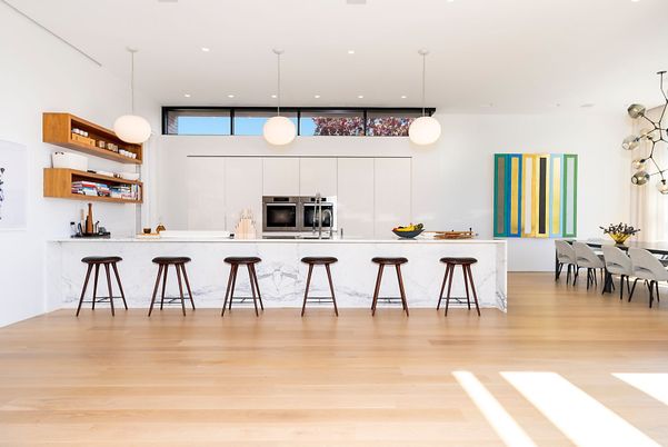 Dining room, Interior, Kitchen, Pendant Lights, Recessed Lighting, Wood Texture Flooring