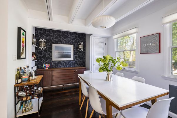 Dining room, Interior, Pendant Lights, Wood Texture Flooring