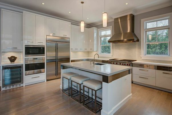 Interior, Kitchen, Pendant Lights, Recessed Lighting, Stainless Steel Appliances, Wood Texture Flooring