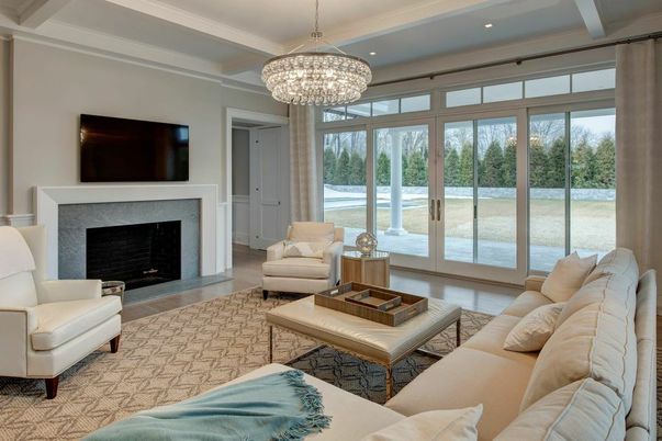Chandelier, Fireplace, Interior, Living room, Recessed Lighting, Wood Texture Flooring