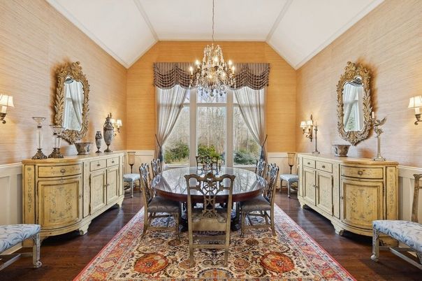 Chandelier, Dining room, Interior, Wood Texture Flooring