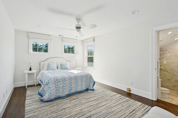 Bathroom, Bedroom, Glass Shower, Interior, Recessed Lighting, Wood Texture Flooring