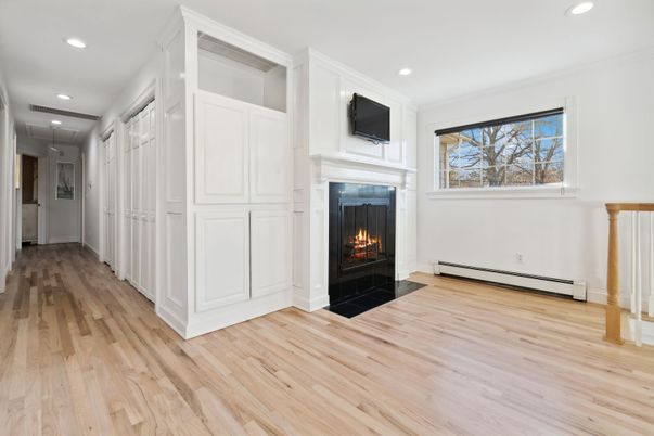 Fireplace, Interior, Recessed Lighting, Wood Texture Flooring