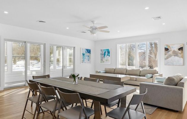 Dining room, Interior, Living room, Recessed Lighting, Wood Texture Flooring