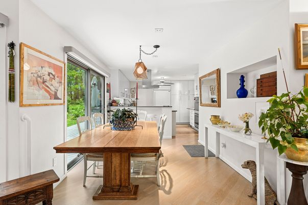 Dining room, Interior, Pendant Lights, Recessed Lighting, Wood Texture Flooring