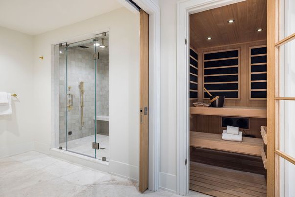 Bathroom, Glass Shower, Interior, Recessed Lighting, Sauna Room