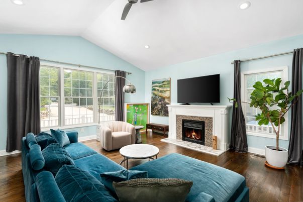 Fireplace, Interior, Living room, Recessed Lighting, Wood Texture Flooring