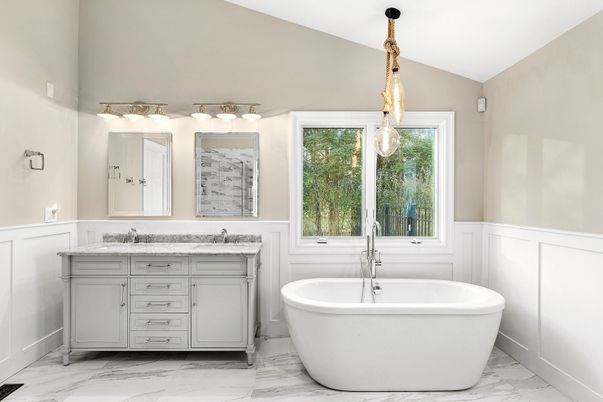 Bathroom, Dual Sink Vanities, Free Standing Baths, Interior, Marble, Pendant Lights