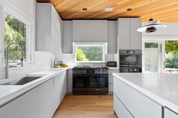 Interior, Kitchen, Pendant Lights, Recessed Lighting, Stainless Steel Appliances, Wooden Ceilings, Wood Texture Flooring