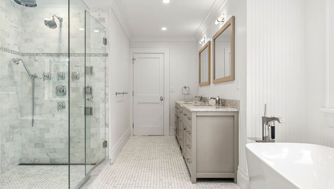 Bathroom, Dual Sink Vanities, Glass Shower, Interior, Marble Walls, Recessed Lighting