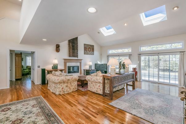 Bedroom, Fireplace, Interior, Living room, Recessed Lighting, Wood Texture Flooring