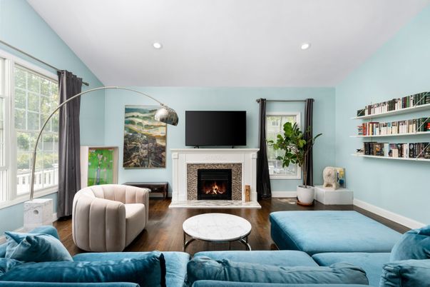 Fireplace, Interior, Living room, Recessed Lighting, Wood Texture Flooring