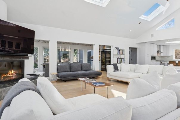 Dining room, Fireplace, Interior, Kitchen, Living room, Pendant Lights, Recessed Lighting, Wood Texture Flooring