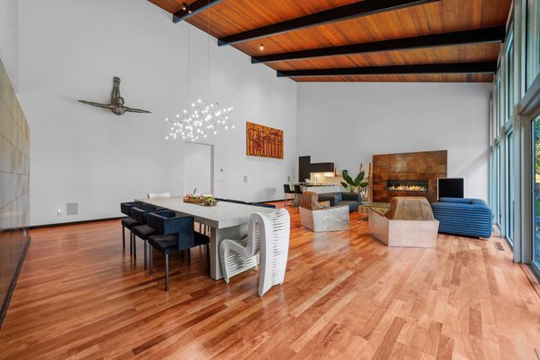 Dining room, Fireplace, Interior, Living room, Pendant Lights, Wooden Beams, Wooden Ceilings, Wood Texture Flooring
