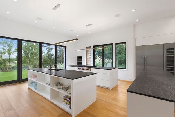Interior, Kitchen, Pendant Lights, Recessed Lighting, Stainless Steel Appliances, Wood Texture Flooring